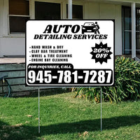 Auto Detailing Services - Hand Wash & Dry,  Clay Bar Treatment, Wheel & Tire Cleaning, Engine Bay Cleaning with Discount Tag - Plain Black White Design YardSigns.com