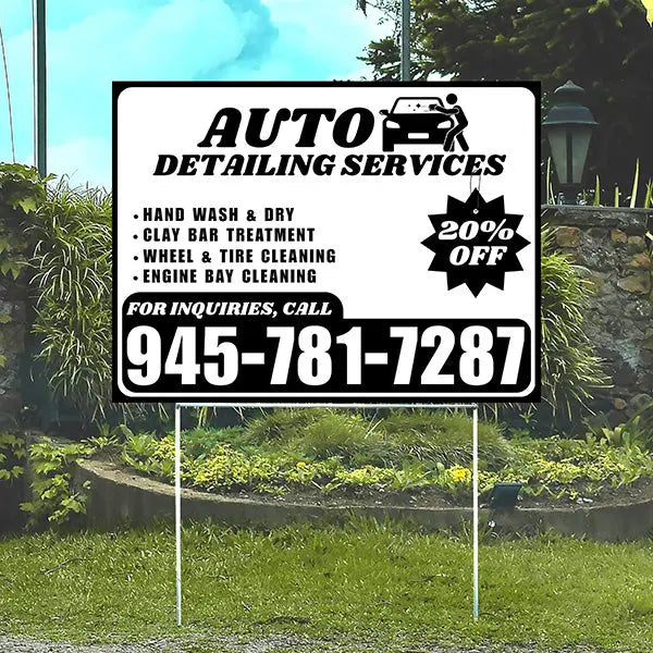 Auto Detailing Services - Hand Wash & Dry,  Clay Bar Treatment, Wheel & Tire Cleaning, Engine Bay Cleaning with Discount Tag - Plain Black White Design YardSigns.com
