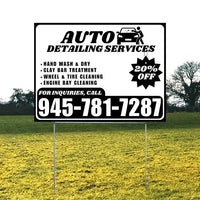 Auto Detailing Services - Hand Wash & Dry,  Clay Bar Treatment, Wheel & Tire Cleaning, Engine Bay Cleaning with Discount Tag - Plain Black White Design YardSigns.com
