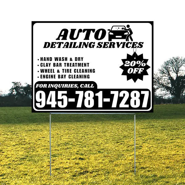 Auto Detailing Services - Hand Wash & Dry,  Clay Bar Treatment, Wheel & Tire Cleaning, Engine Bay Cleaning with Discount Tag - Plain Black White Design YardSigns.com