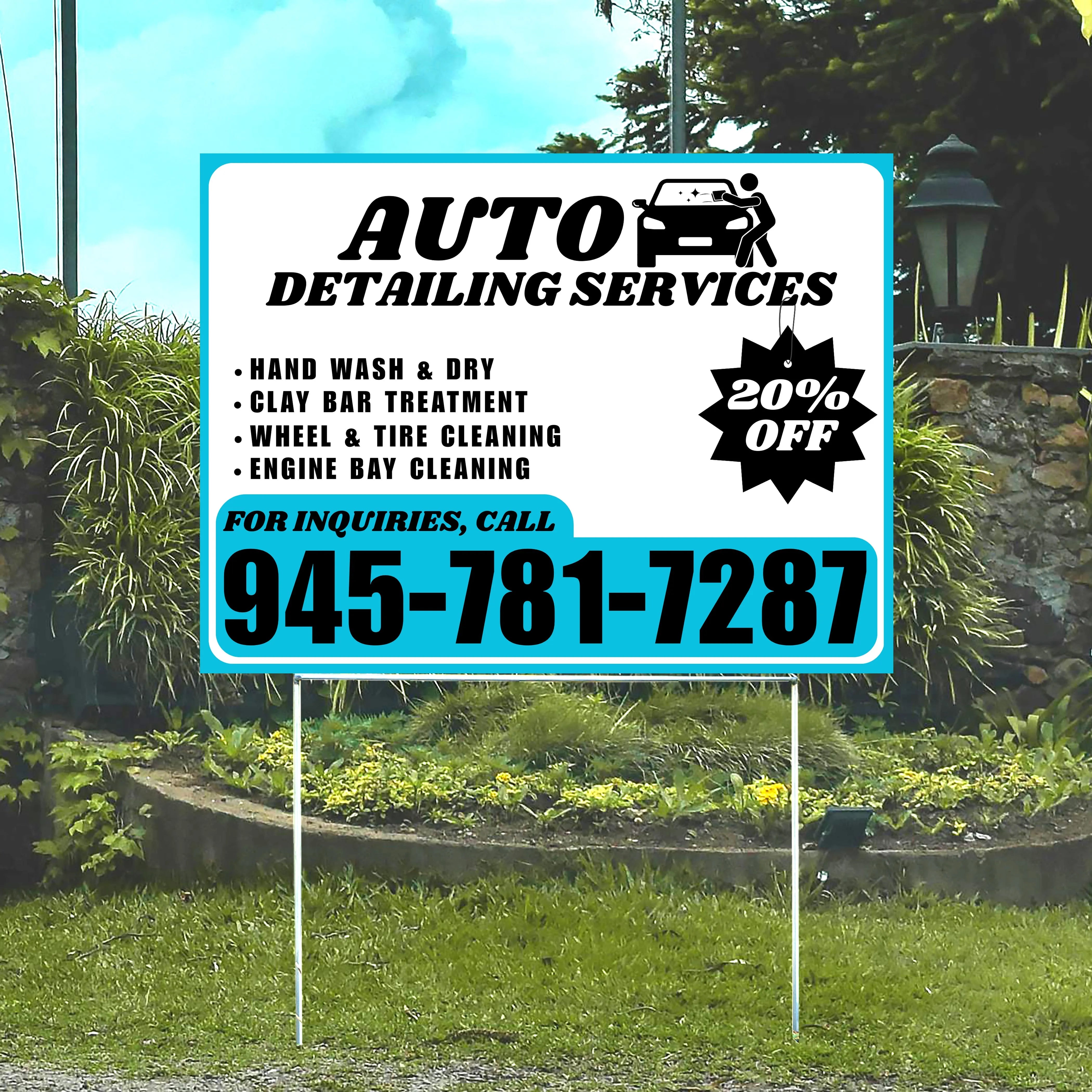 Auto Detailing Services - Hand Wash & Dry, Clay Bar Treatment, Wheel & Tire Cleaning, Engine Bay Cleaning with Discount Tag - Plain Aqua Blue White Design - YardSigns.com