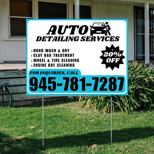 Auto Detailing Services - Hand Wash & Dry, Clay Bar Treatment, Wheel & Tire Cleaning, Engine Bay Cleaning with Discount Tag - Plain Aqua Blue White Design - YardSigns.com