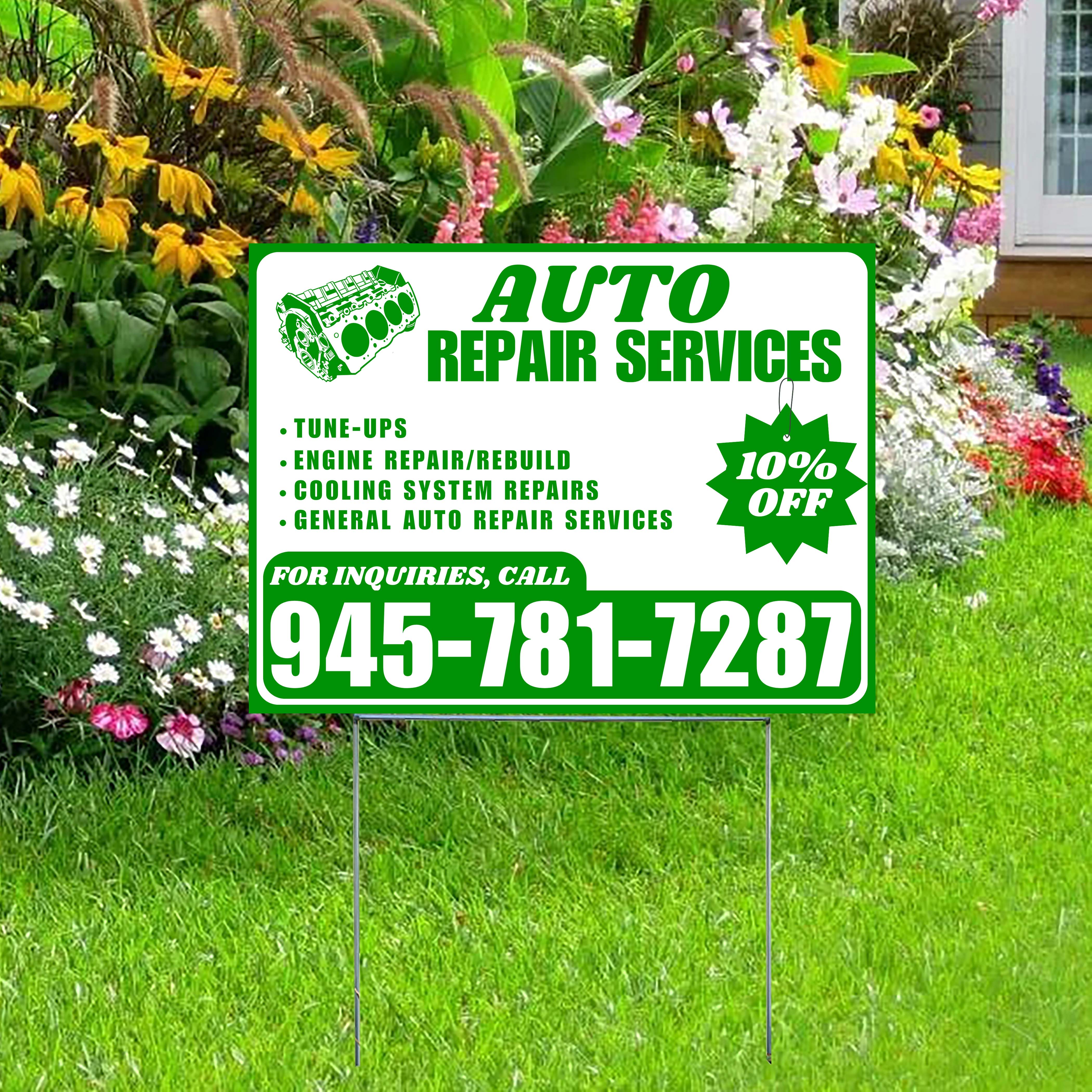 Auto Repair Services - Tune-Ups, Engine Repair/Rebuild, Cooling System Repairs, General Auto Repair Services with Discount Tag - Plain Green White Design - YardSigns.com