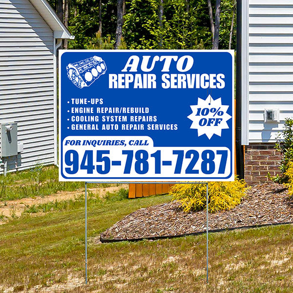 Auto Repair Services - Tune-Ups, Engine Repair/Rebuild, Cooling System Repairs, General Auto Repair Services with Discount Tag - Plain White Blue Design - YardSigns.com