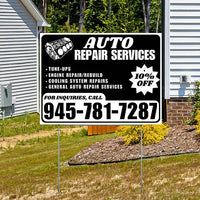 Auto Repair Services - Tune-Ups, Engine Repair/Rebuild, Cooling System Repairs, General Auto Repair Services with Discount Tag - Plain White Black Design - YardSigns.com
