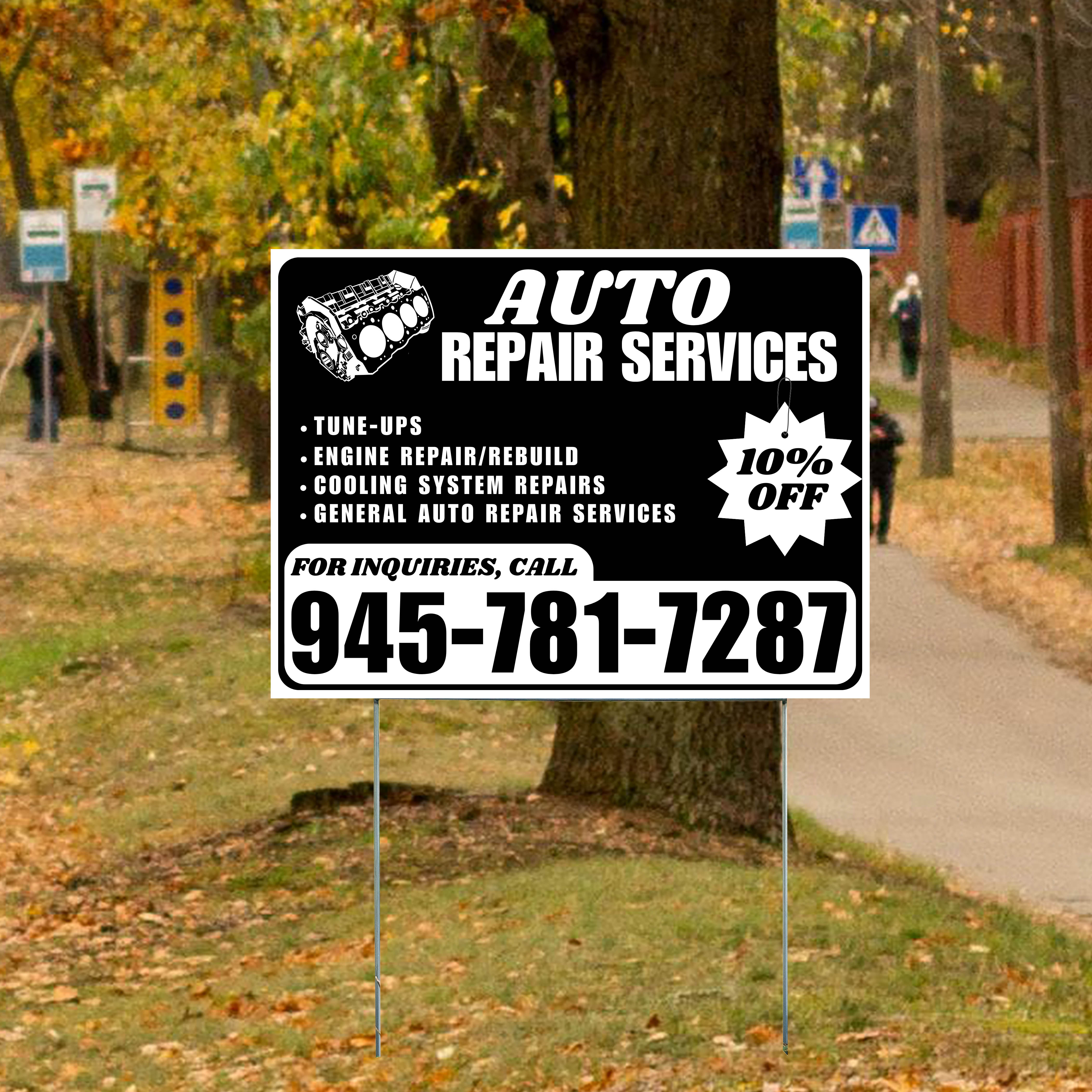 Auto Repair Services - Tune-Ups, Engine Repair/Rebuild, Cooling System Repairs, General Auto Repair Services with Discount Tag - Plain White Black Design - YardSigns.com