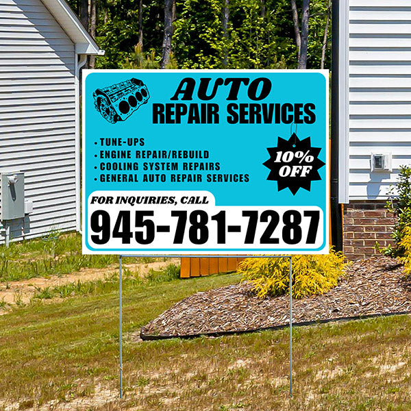 Auto Repair Services - Tune-Ups, Engine Repair/Rebuild, Cooling System Repairs, General Auto Repair Services with Discount Tag - Plain White Aqua Blue Design - YardSigns.com