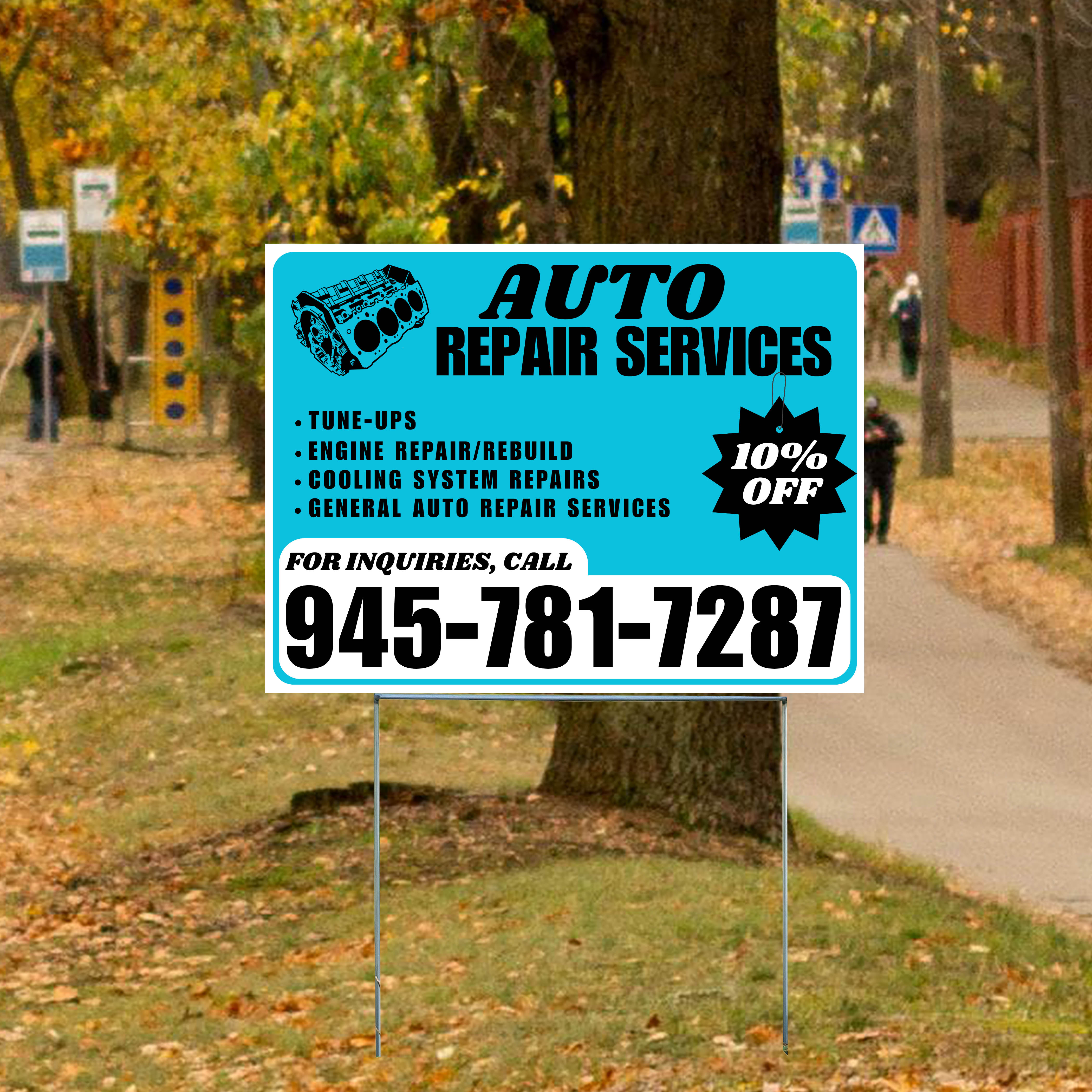 Auto Repair Services - Tune-Ups, Engine Repair/Rebuild, Cooling System Repairs, General Auto Repair Services with Discount Tag - Plain White Aqua Blue Design - YardSigns.com