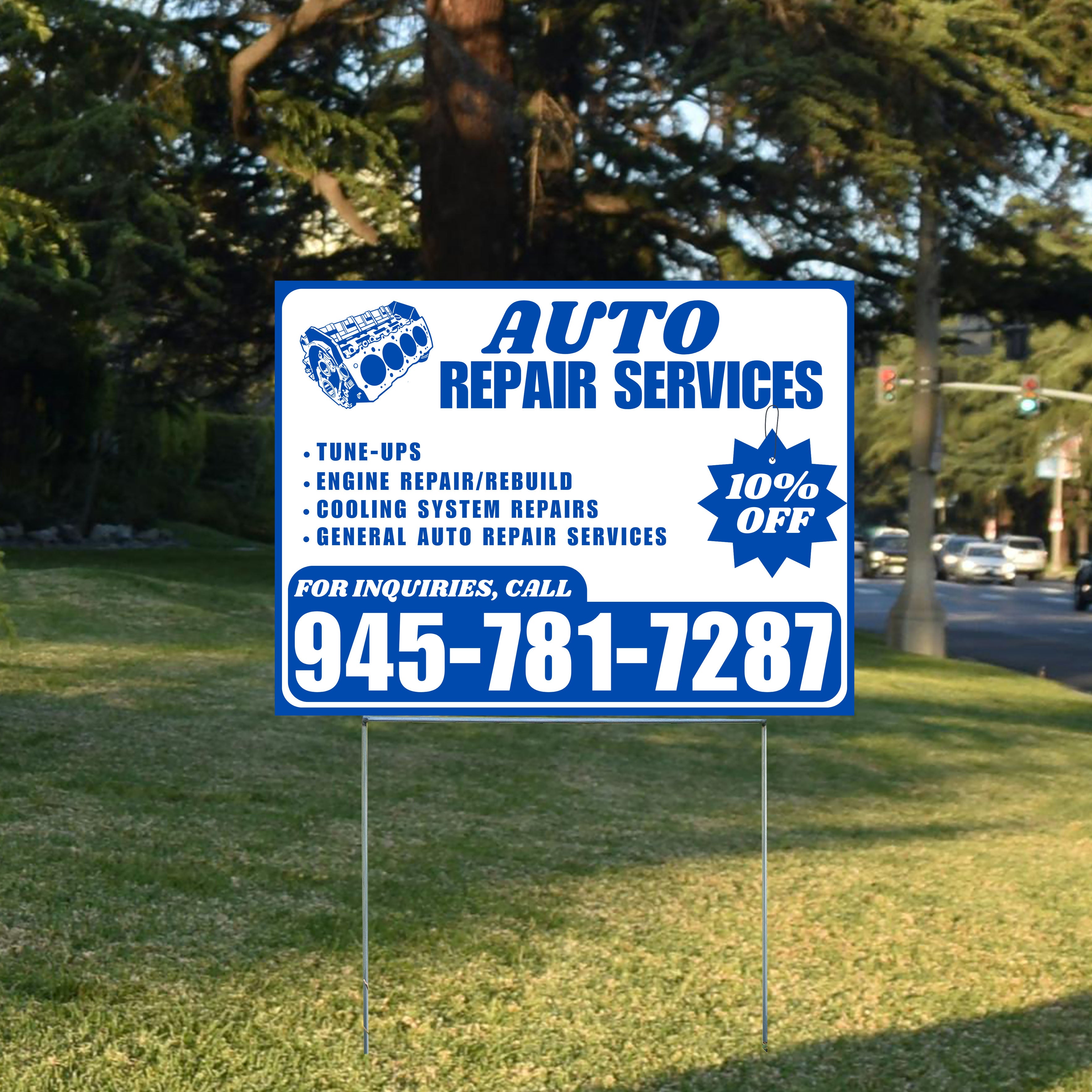 Auto Repair Services - Tune-Ups, Engine Repair/Rebuild, Cooling System Repairs, General Auto Repair Services with Discount Tag - Plain Blue White Design - YardSigns.com