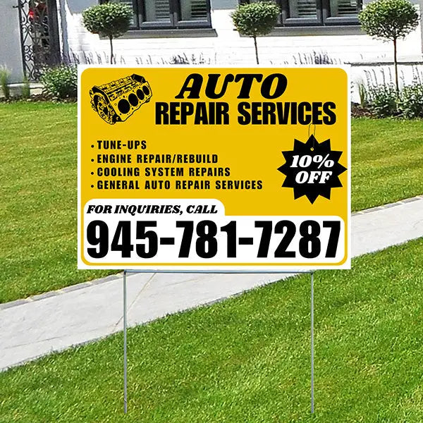 Auto Repair Services - Tune-Ups, Engine Repair/Rebuild, Cooling System Repairs, General Auto Repair Services with Discount Tag - Plain White Mustard Gold Design - YardSigns.com