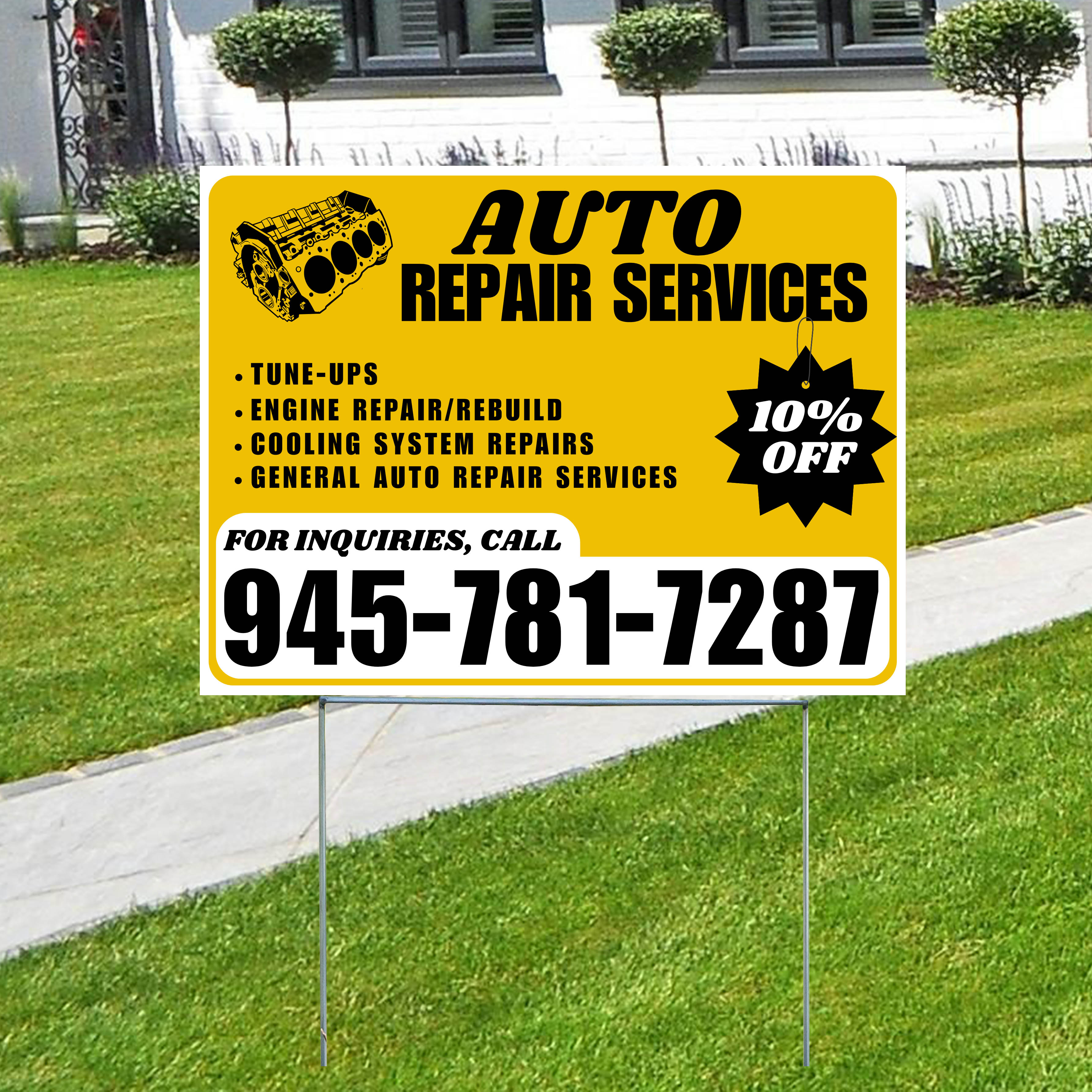 Auto Repair Services - Tune-Ups, Engine Repair/Rebuild, Cooling System Repairs, General Auto Repair Services with Discount Tag - Plain White Mustard Gold Design - YardSigns.com