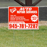 Auto Repair Services - Tune-Ups, Engine Repair/Rebuild, Cooling System Repairs, General Auto Repair Services with Discount Tag - Plain White Chili Red Design - YardSigns.com