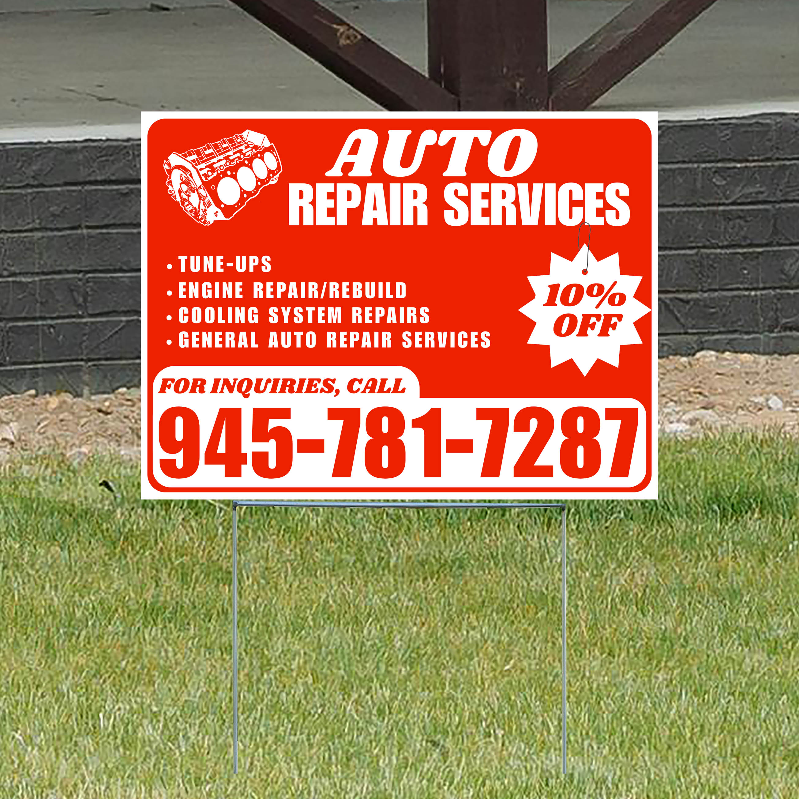 Auto Repair Services - Tune-Ups, Engine Repair/Rebuild, Cooling System Repairs, General Auto Repair Services with Discount Tag - Plain White Chili Red Design - YardSigns.com