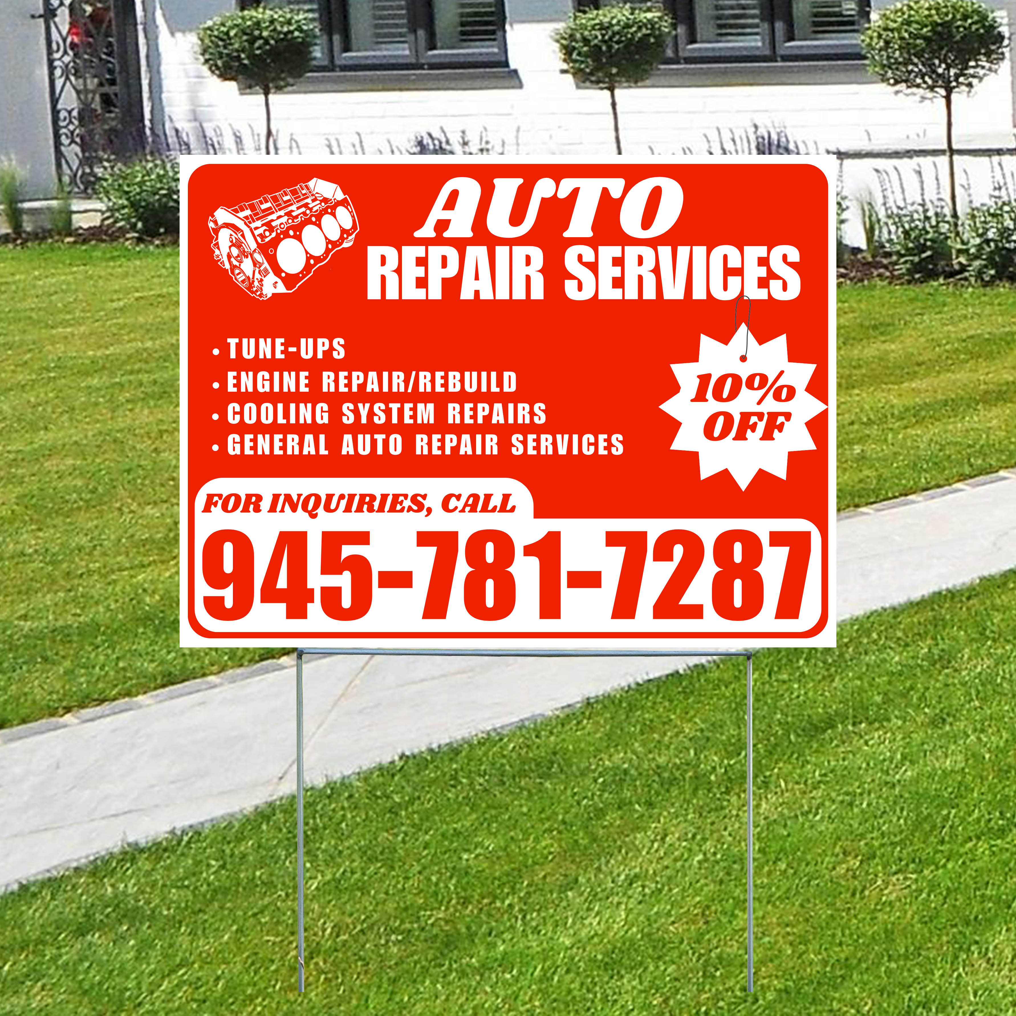 Auto Repair Services - Tune-Ups, Engine Repair/Rebuild, Cooling System Repairs, General Auto Repair Services with Discount Tag - Plain White Chili Red Design - YardSigns.com