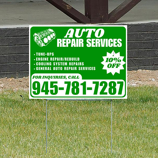 Auto Repair Services - Tune-Ups, Engine Repair/Rebuild, Cooling System Repairs, General Auto Repair Services with Discount Tag - Plain White Green Design - YardSigns.com
