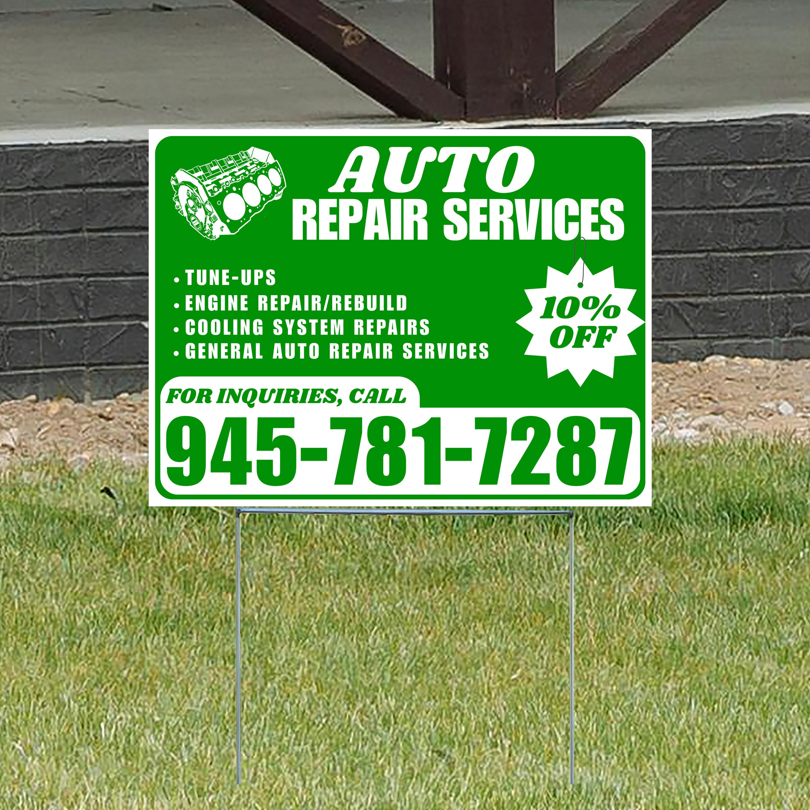 Auto Repair Services - Tune-Ups, Engine Repair/Rebuild, Cooling System Repairs, General Auto Repair Services with Discount Tag - Plain White Green Design - YardSigns.com