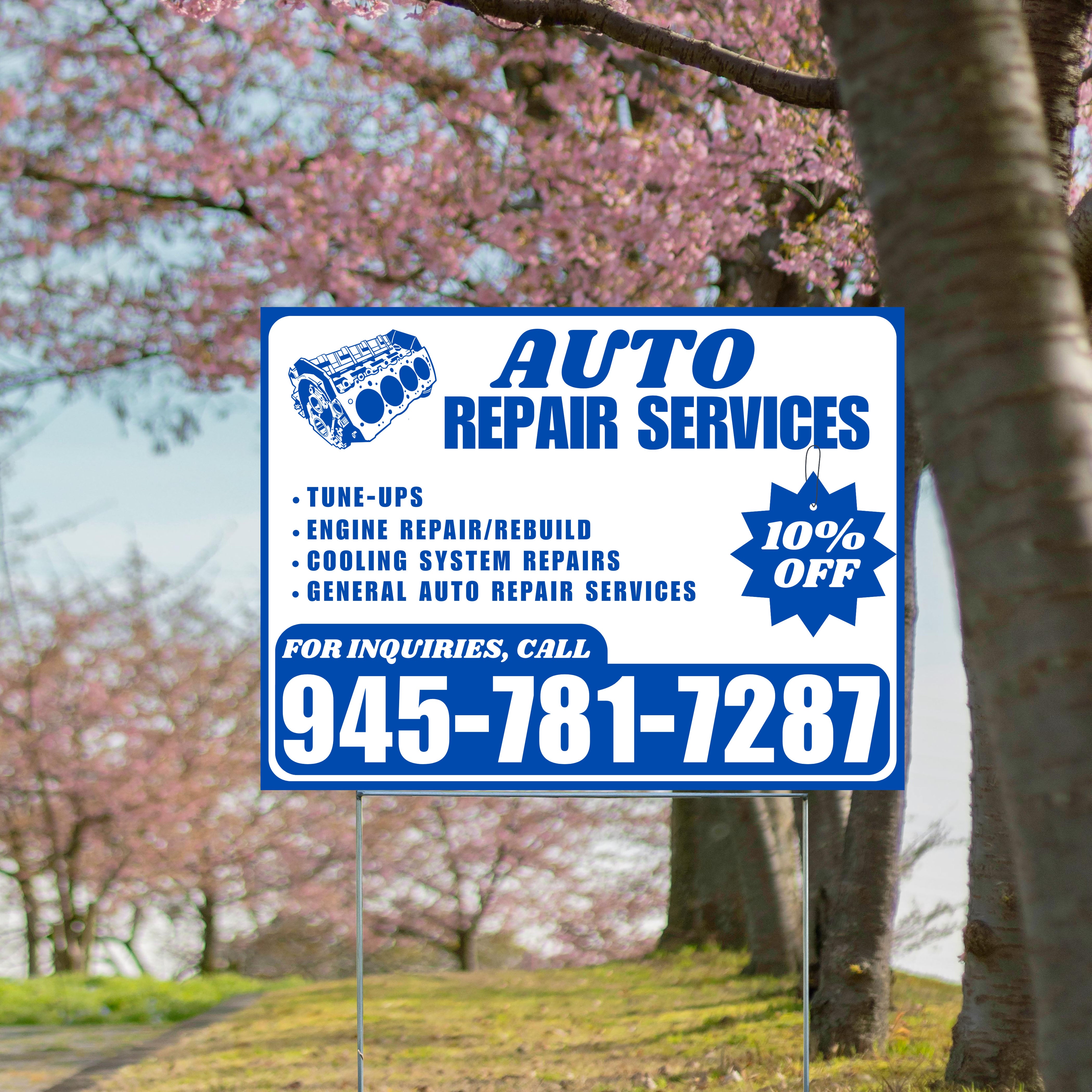 Auto Repair Services - Tune-Ups, Engine Repair/Rebuild, Cooling System Repairs, General Auto Repair Services with Discount Tag - Plain Blue White Design - YardSigns.com