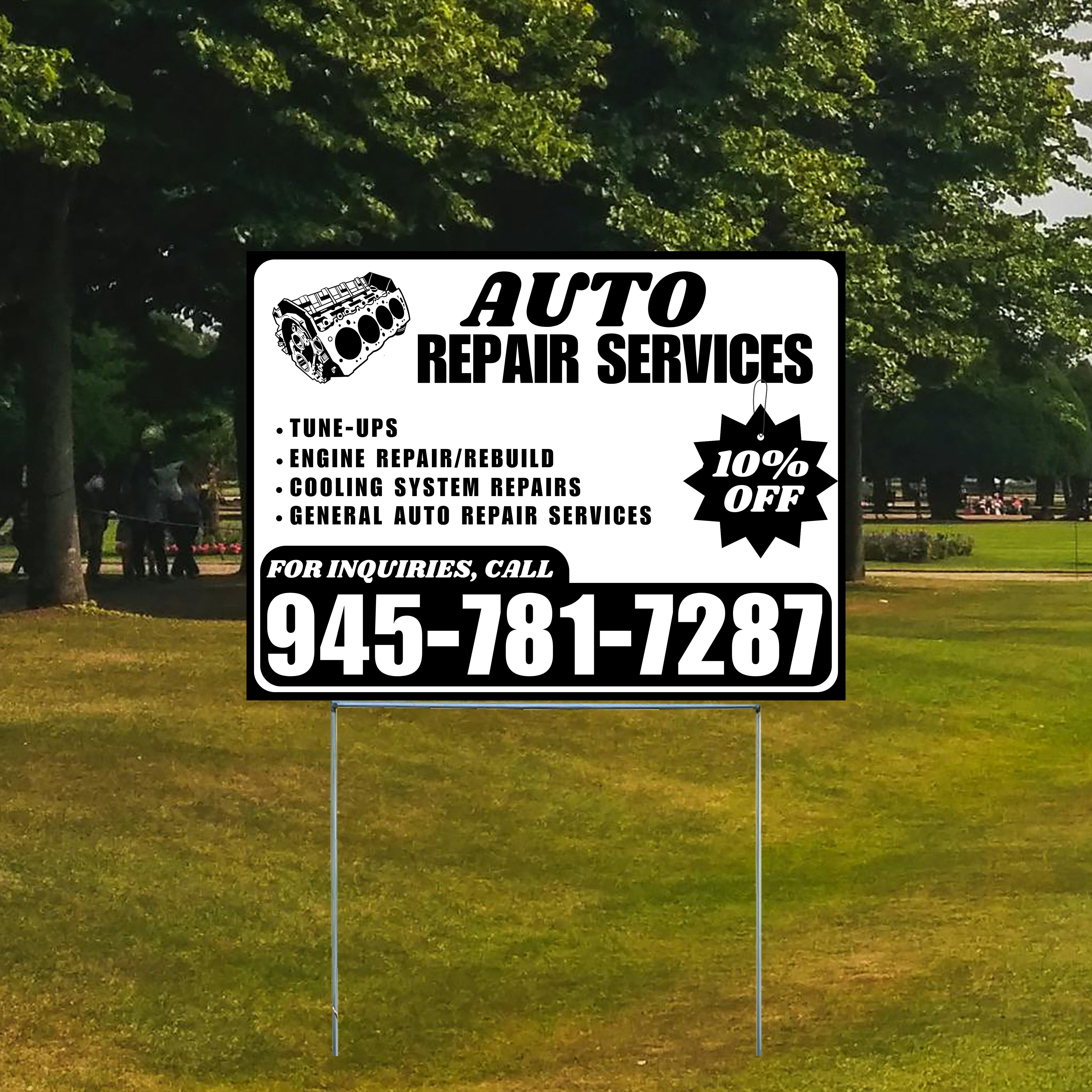 Auto Repair Services - Tune-Ups, Engine Repair/Rebuild, Cooling System Repairs, General Auto Repair Services with Discount Tag - Plain Black White Design - YardSigns.com