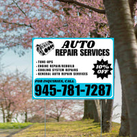 Auto Repair Services - Tune-Ups, Engine Repair/Rebuild, Cooling System Repairs, General Auto Repair Services with Discount Tag - Plain Aqua Blue White Design - YardSigns.com