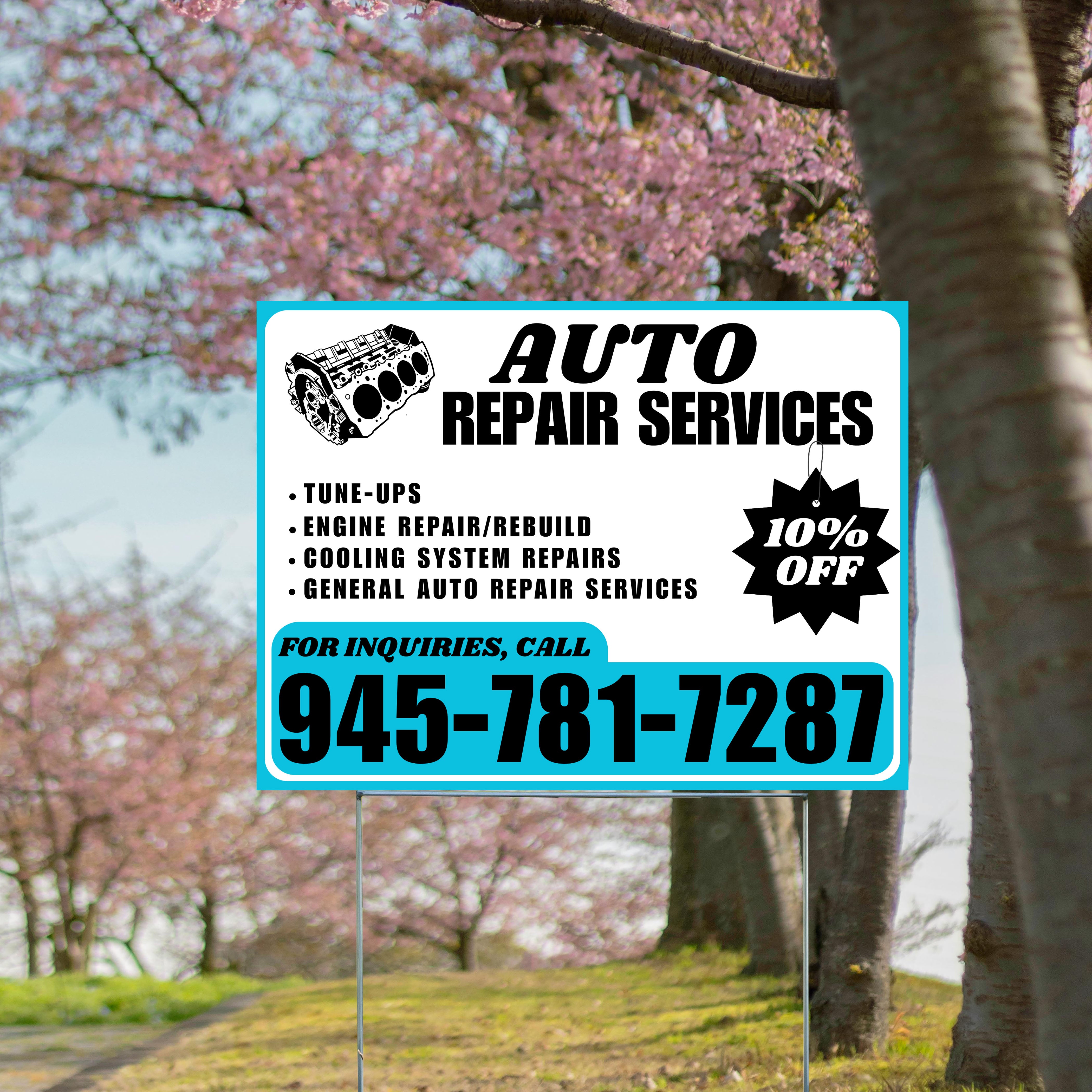 Auto Repair Services - Tune-Ups, Engine Repair/Rebuild, Cooling System Repairs, General Auto Repair Services with Discount Tag - Plain Aqua Blue White Design - YardSigns.com