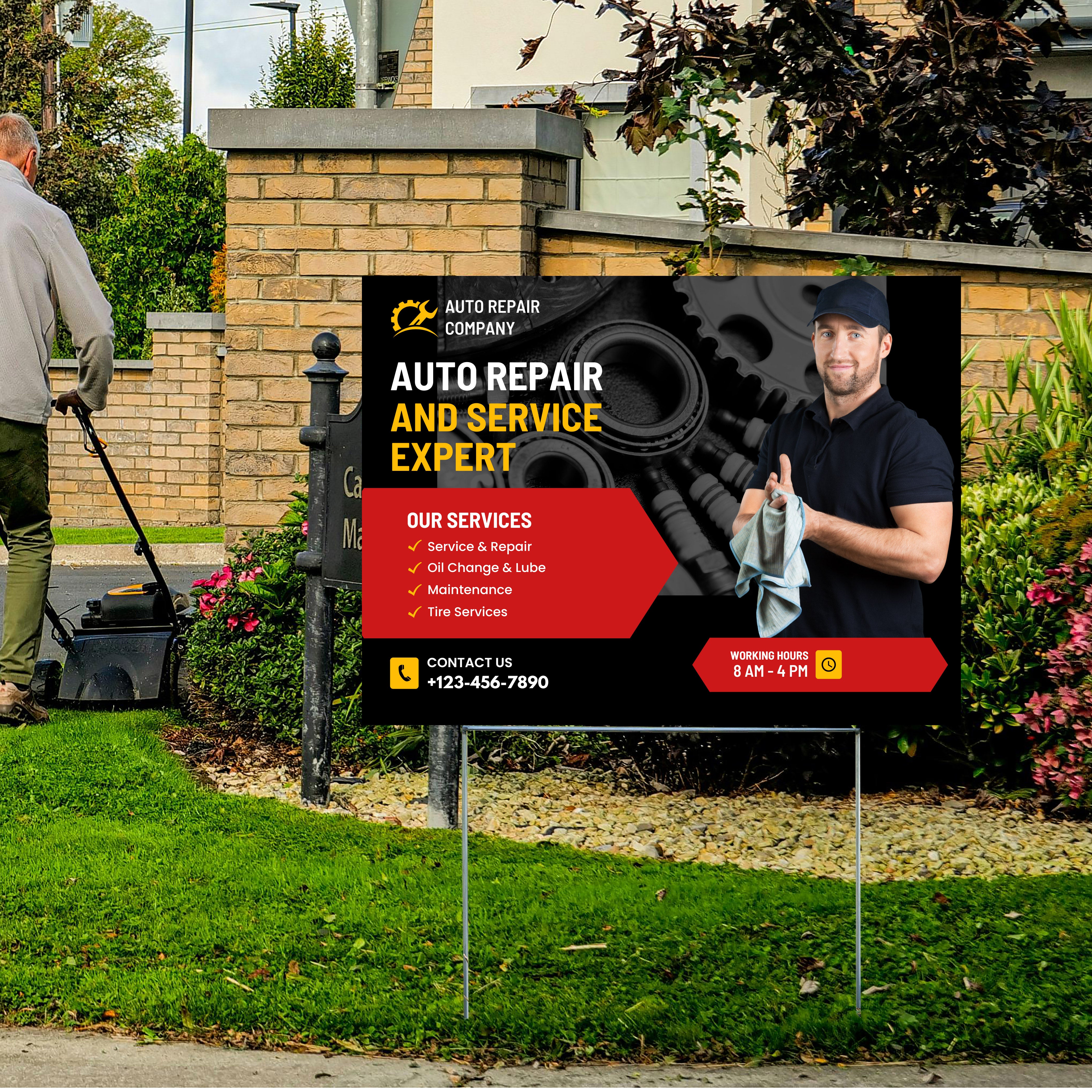Outdoor sign for an auto repair company with a man in the background mowing grass.
