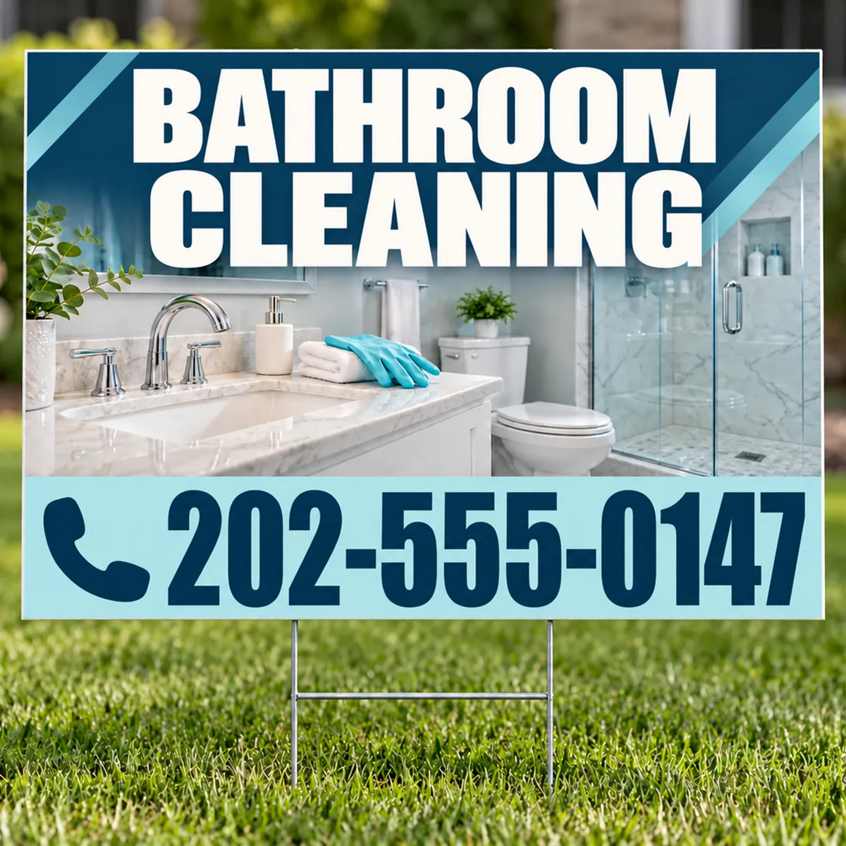 Cleaners/Maids Signs - Bathroom Cleaning Yard Sign - Ocean Blue & Aqua - 24 x 18 YardSigns.com