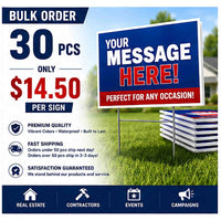Bulk order advertisement for 30 yard signs at $14.50 each.