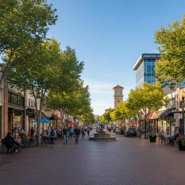 Town center with shops, trees, and people on a sunny day