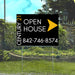 Century 21 open house sign with contact number 842-746-8574 placed in a garden setting.