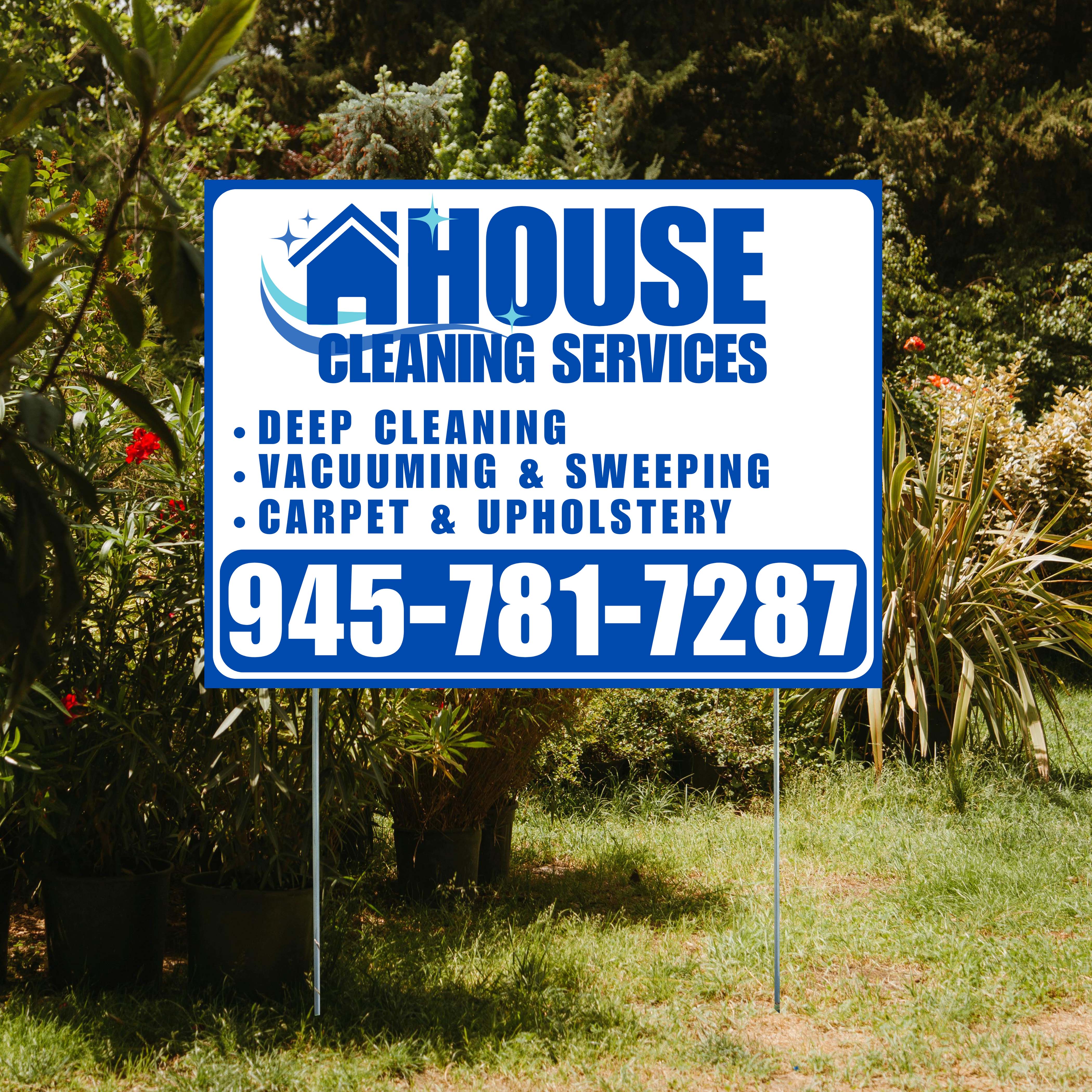Cleaners/Maids Signs - House Cleaning Services - Deep Cleaning, Vacuuming & Sweeping, Carpet & Upholstery - Plain White Blue Design