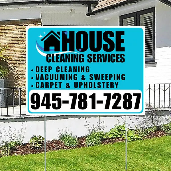Cleaners/Maids Signs - House Cleaning Services - Deep Cleaning, Vacuuming & Sweeping, Carpet & Upholstery - Plain White Aqua Blue Design YardSigns.com