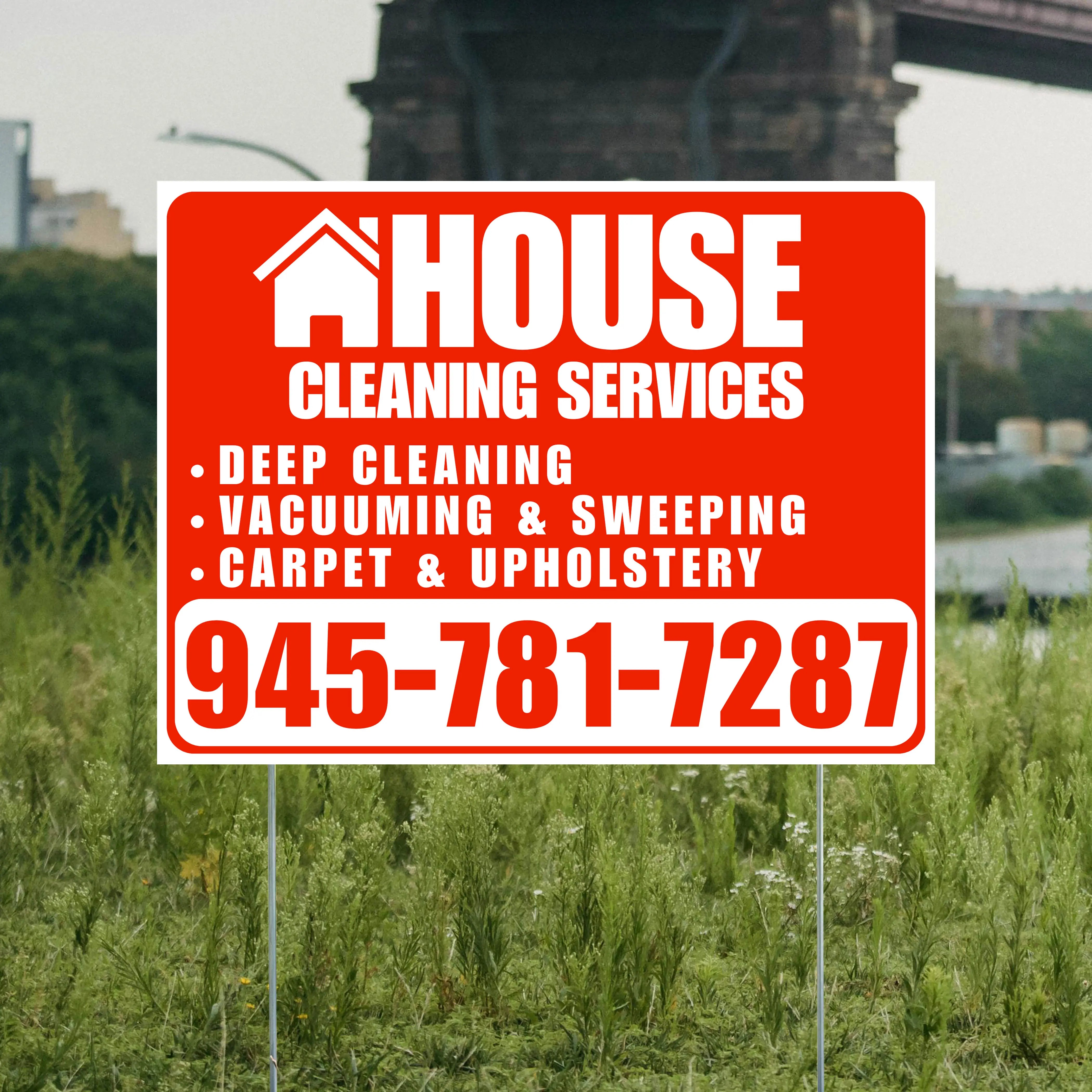 Cleaners/Maids Signs - House Cleaning Services - Deep Cleaning, Vacuuming & Sweeping, Carpet & Upholstery - Plain White Chili Red Design YardSigns.com