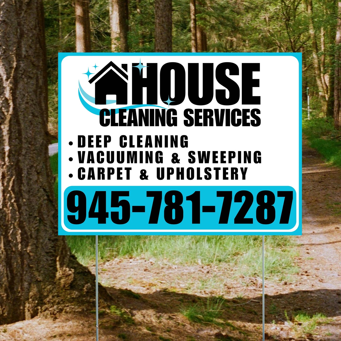 Cleaners/Maids Signs - House Cleaning Services - Deep Cleaning,  Vacuuming & Sweeping, Carpet & Upholstery - Plain Aqua Blue White Design YardSigns.com