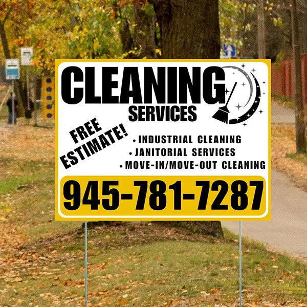 Cleaners/Maids Signs - Cleaning Services - Industrial Cleaning, Janitorial Services, Move-In/Move-Out Cleaning with Free Estimate - Plain White Mustard Gold Design YardSigns.com