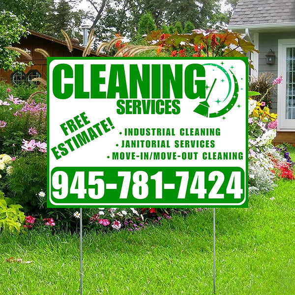 Cleaners/Maids Signs - Cleaning Services - Industrial Cleaning, Janitorial Services, Move-In/Move-Out Cleaning with Free Estimate - Plain Green White Design - YardSigns.com