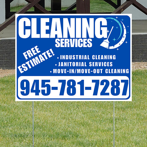 Cleaners/Maids Signs - Cleaning Services - Industrial Cleaning, Janitorial Services, Move-In/Move-Out Cleaning with Free Estimate - Plain White Blue Design - YardSigns.com
