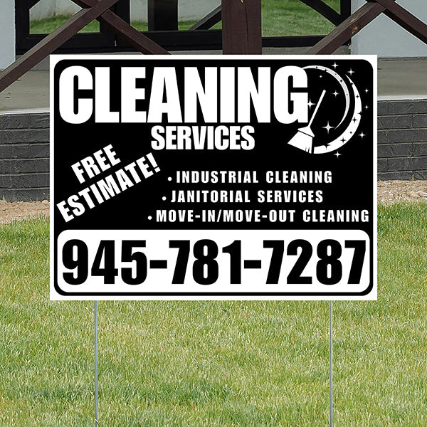 Cleaners/Maids Signs - Cleaning Services - Industrial Cleaning, Janitorial Services, Move-In/Move-Out Cleaning with Free Estimate - Plain White Black Design - YardSigns.com