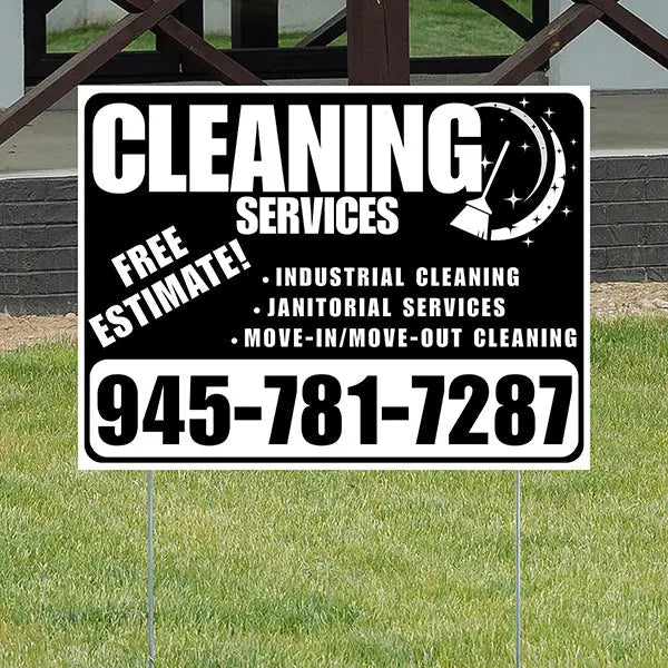 Cleaners/Maids Signs - Cleaning Services -  Industrial Cleaning, Janitorial Services, Move-In/Move-Out Cleaning with Free Estimate - Plain White Black Design YardSigns.com
