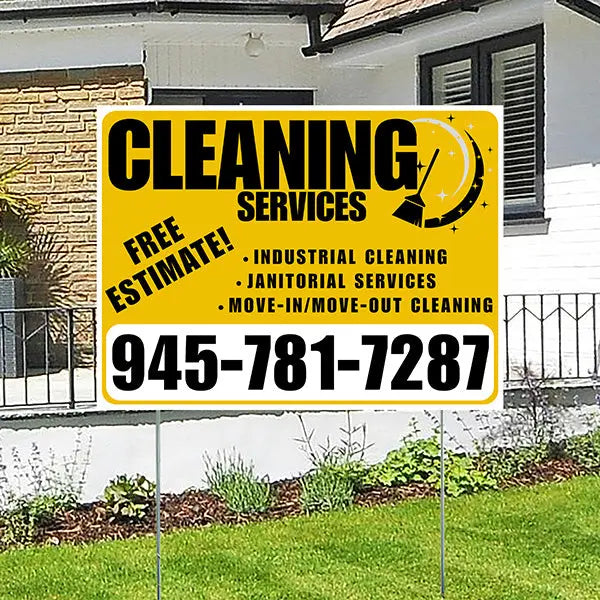 Cleaners/Maids Signs - Cleaning Services - Industrial Cleaning, Janitorial Services, Move-In/Move-Out Cleaning with Free Estimate - Plain Mustard Gold White Design YardSigns.com