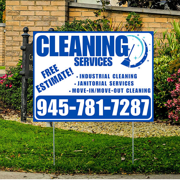 Cleaners/Maids Signs - Cleaning Services - Industrial Cleaning, Janitorial Services, Move-In/Move-Out Cleaning with Free Estimate - Plain Blue White Design - YardSigns.com