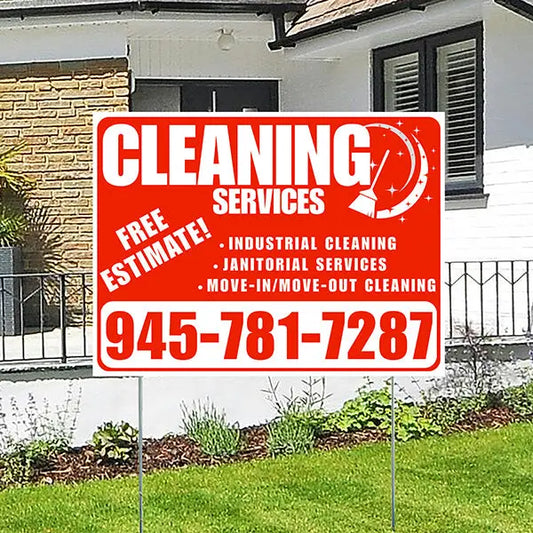 Cleaners/Maids Signs - Cleaning Services - Industrial Cleaning, Janitorial Services, Move-In/Move-Out Cleaning with Free Estimate - Plain Chili Red White Design YardSigns.com