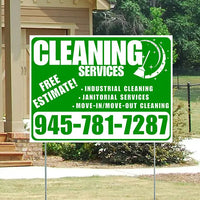 Cleaners/Maids Signs - Cleaning Services - Industrial Cleaning, Janitorial Services, Move-In/Move-Out Cleaning with Free Estimate - Plain White Green Design YardSigns.com