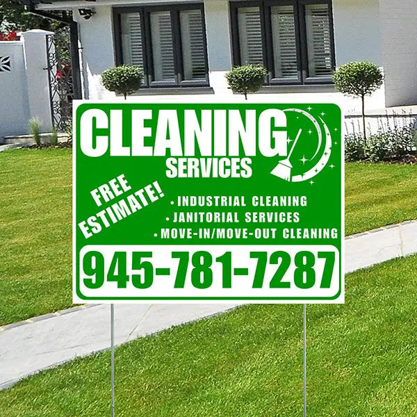 Cleaners/Maids Signs - Cleaning Services - Industrial Cleaning, Janitorial Services, Move-In/Move-Out Cleaning with Free Estimate - Plain White Green Design YardSigns.com