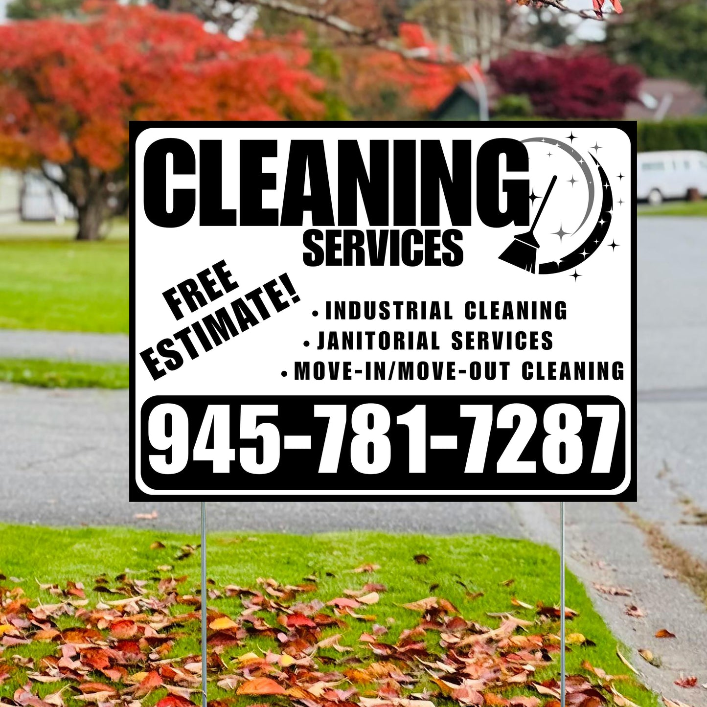 Cleaners/Maids Signs - Cleaning Services - Industrial Cleaning, Janitorial Services, Move-In/Move-Out Cleaning with Free Estimate - Plain Black White Design