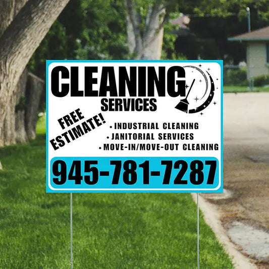 Cleaners/Maids Signs - Cleaning Services -  Industrial Cleaning, Janitorial Services, Move-In/Move-Out Cleaning with Free Estimate - Plain Aqua Blue White Design YardSigns.com