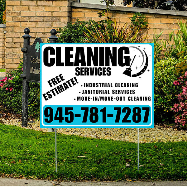 Cleaners/Maids Signs - Cleaning Services - Industrial Cleaning, Janitorial Services, Move-In/Move-Out Cleaning with Free Estimate - Plain Aqua Blue White Design - YardSigns.com