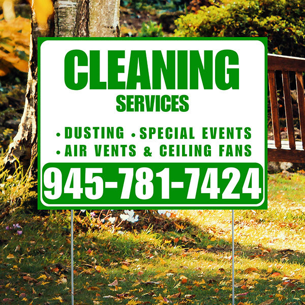 Cleaners/Maids Signs - Cleaning Services - Dusting, Special Events, Air Vents & Ceiling Fans - Plain Green White Design - YardSigns.com