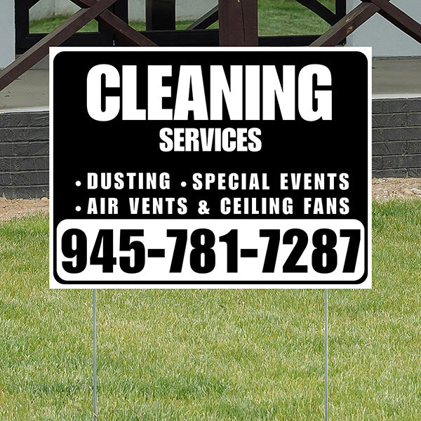 Cleaners/Maids Signs - Cleaning Services - Dusting, Special Events, Air Vents & Ceiling Fans - Plain White Black Design - YardSigns.com