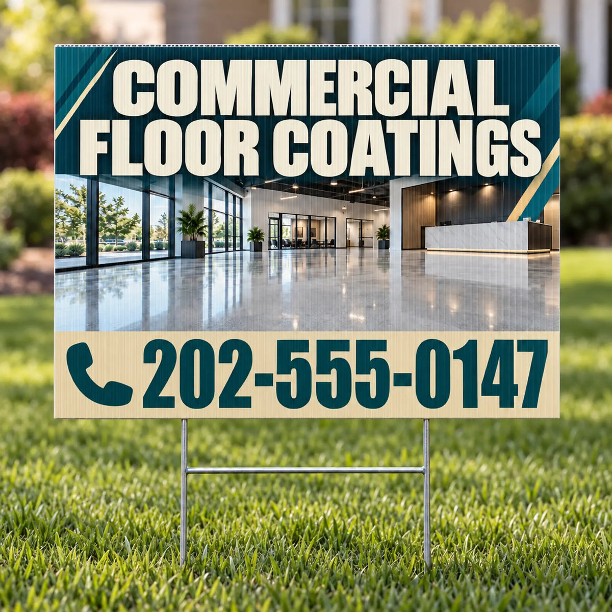 A yard sign displayed on a green lawn, featuring a photo of a polished commercial lobby interior with the text 'COMMERCIAL FLOOR COATINGS' and a phone number '202-555-0147'.