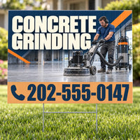 A yard sign on a lawn advertising concrete grinding services, with a photo of a worker operating a floor grinder and a large phone number at the bottom.